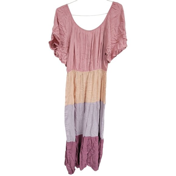 Honeyme Colorblock Tiered Midi Dress Rayon Flowy Womens Size L New - Picture 4 of 8